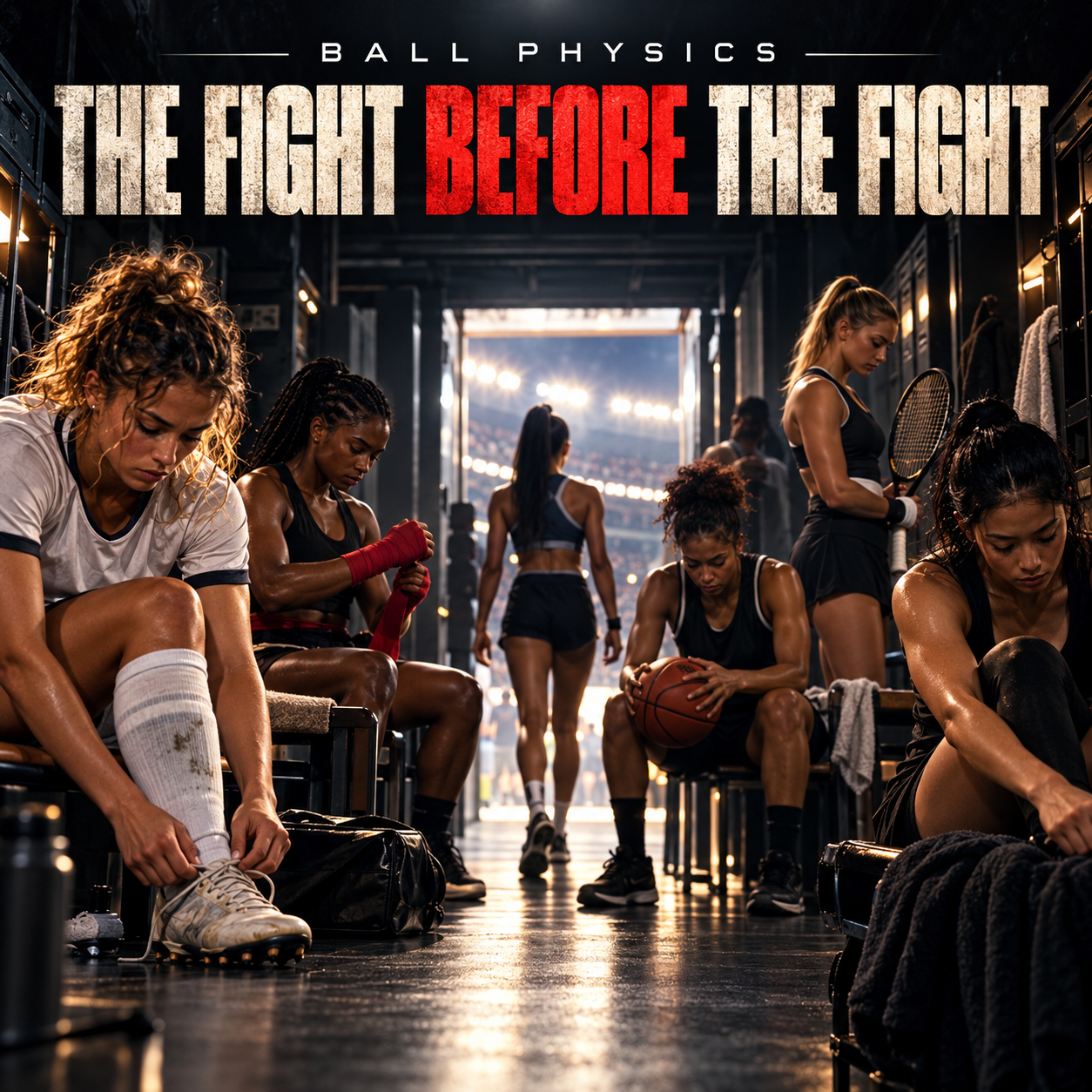 The Fight Before the Fight cover: women athletes from different sports preparing in a changing room before entering a floodlit stadium.