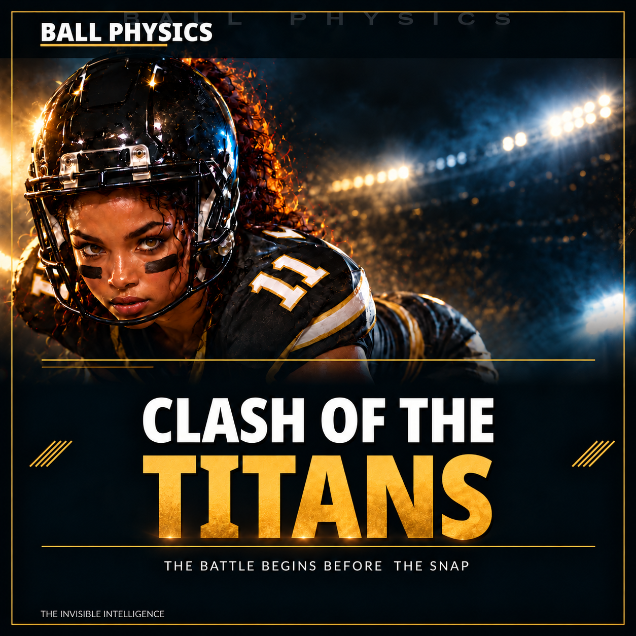Clash of the Titans cover: a player in a black helmet set low in a pre-snap stance under stadium lights, with Clash of the Titans and The Invisible Intelligence lettering.