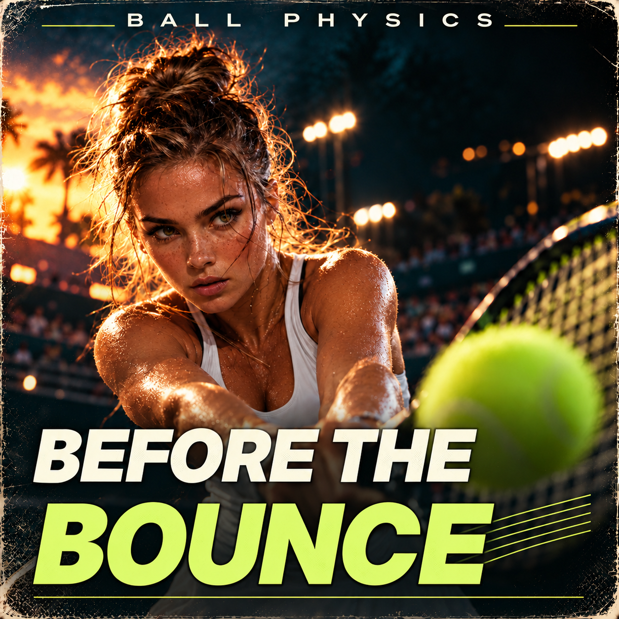 Before the Bounce cover: a tennis player anticipating a shot, with racket and ball in the foreground.