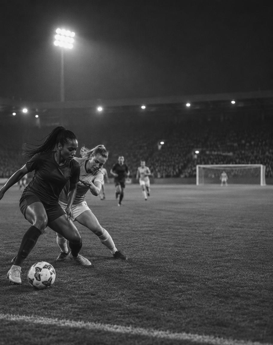 A player shielding the ball while a defender commits her weight.