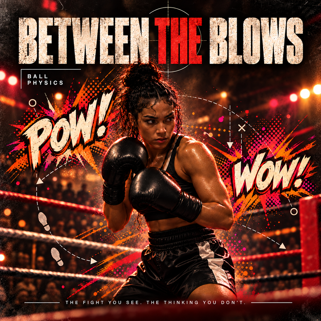 Between the Blows cover: a boxer in a guarded stance surrounded by comic-style impact lettering.