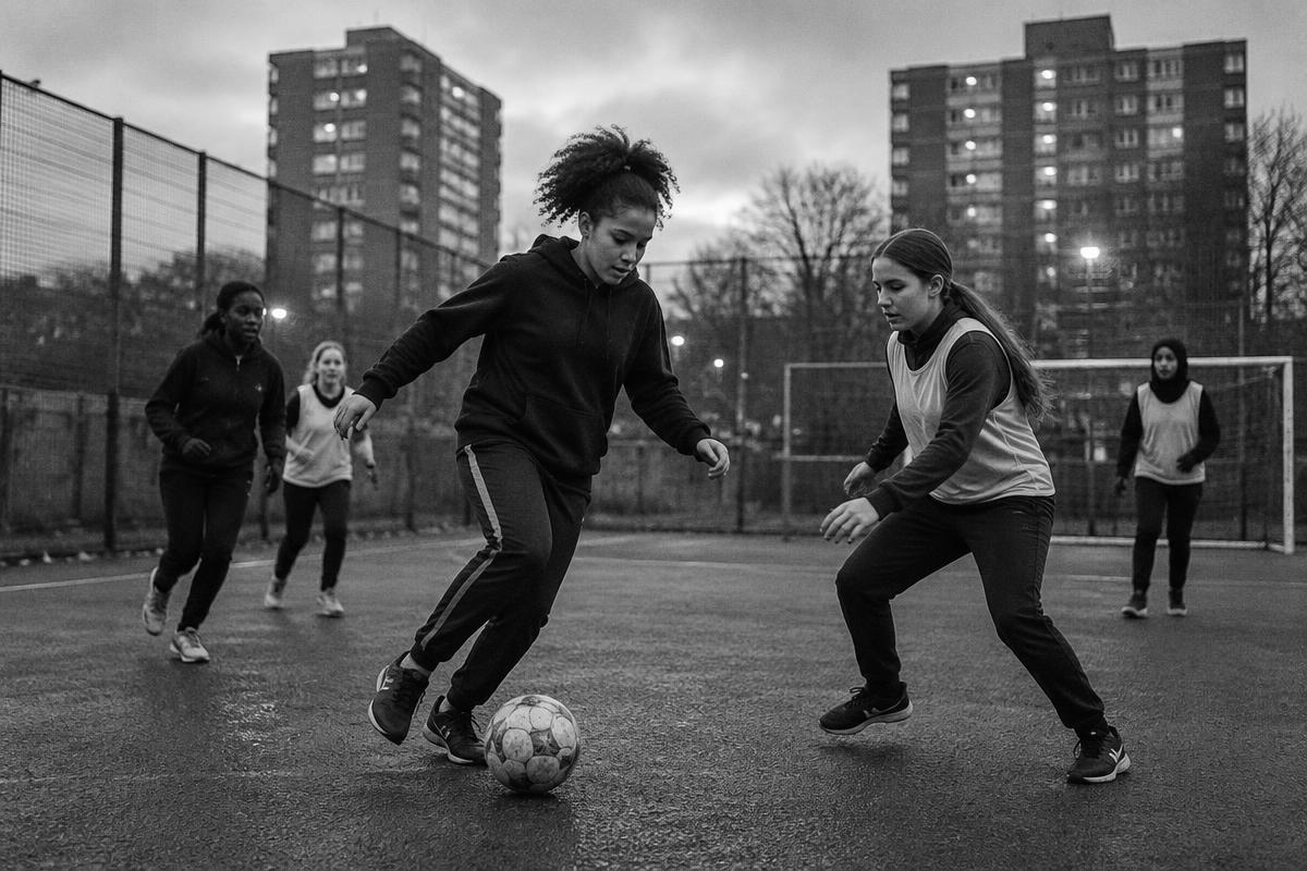 Girls playing a small-sided game on an urban cage pitch.